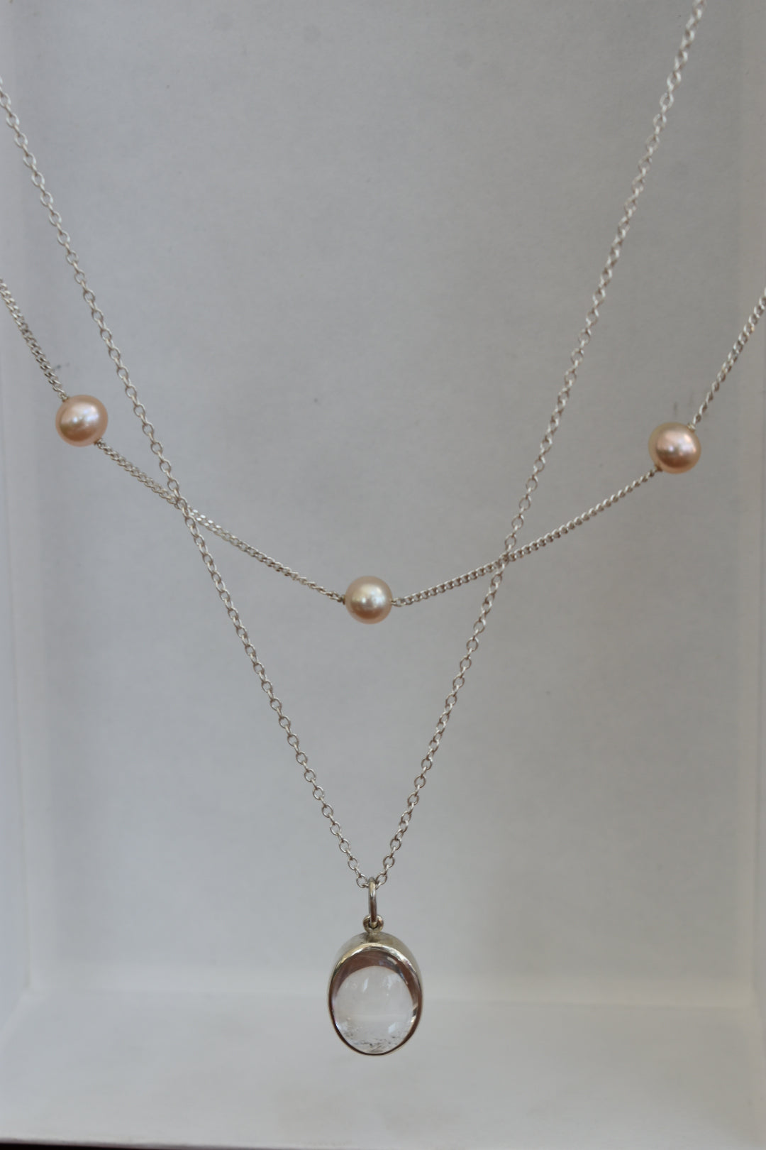 Collier Double Chaîne Cristal De Roche Et 5 Perles D'eau Douce