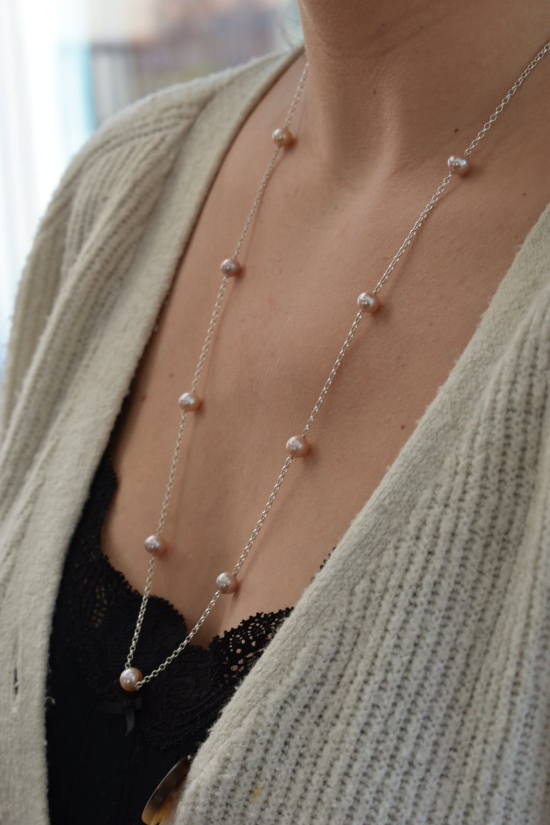 Collier Sautoire 9 Perles Rondes Roses
