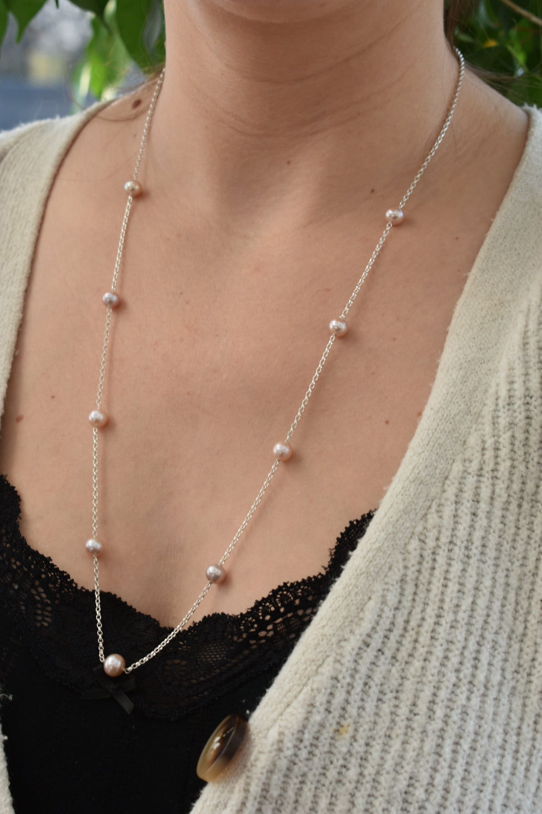 Collier Sautoire 9 Perles Rondes Roses