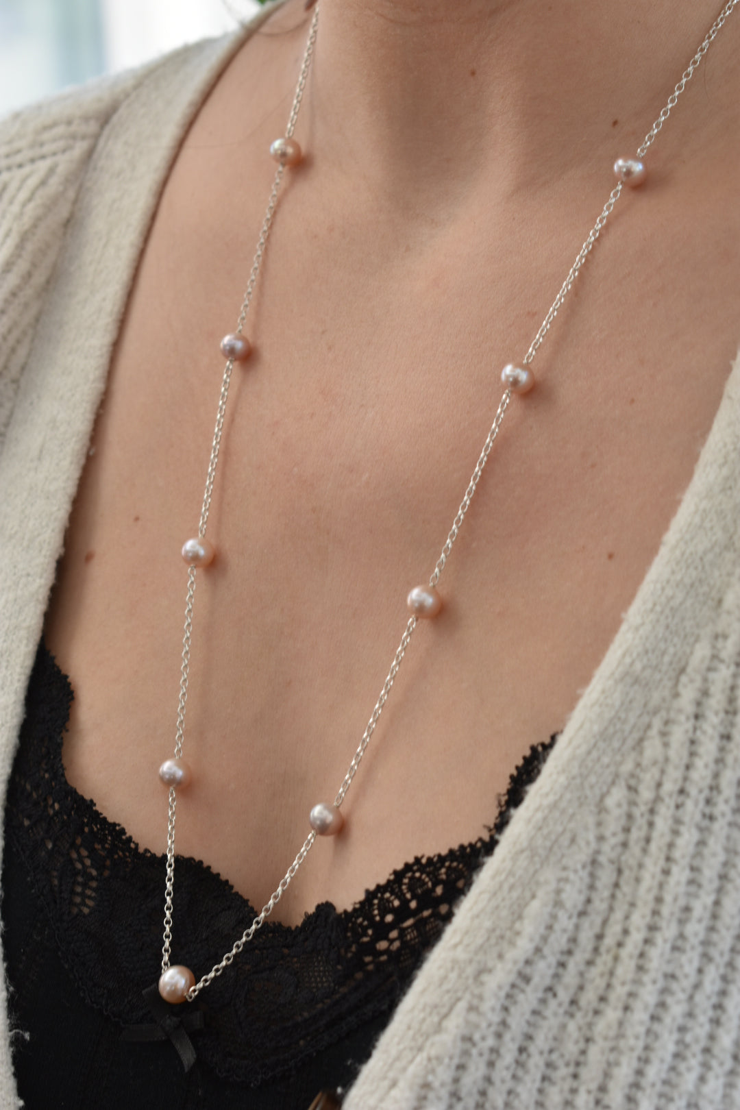 Collier Sautoire 9 Perles Rondes Roses