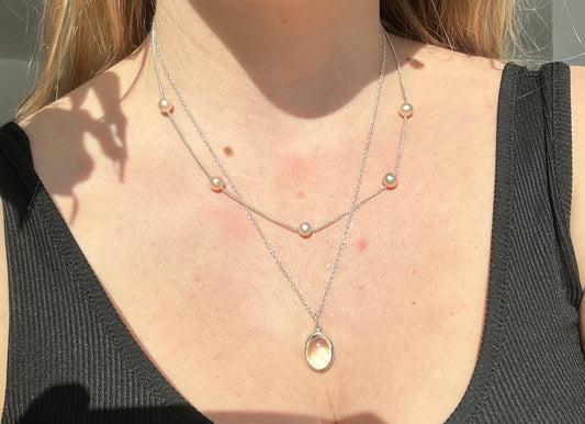 Collier Double Chaîne Cristal De Roche Et 5 Perles D'eau Douce